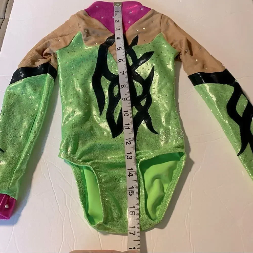 Ozone gymnastics green competition long sleeve custom leotard rhinestone YXS